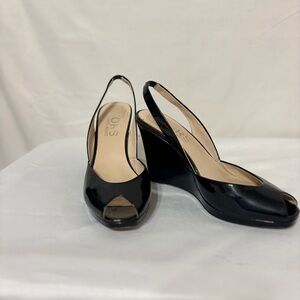 KORS Michael Kors Vivian patent leather peep toe slingback wedge heels